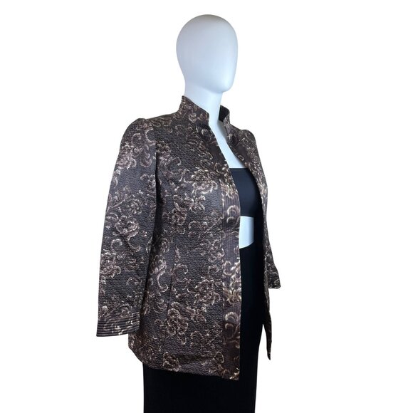 Linda Allard Ellen Tracy Brown & Gold Floral Print Open-Front Jacket Sz 16 - Picture 3 of 11
